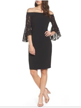 Chelsea28 Black Off-Shoulder Lace Bell Sleeve Midi Dress